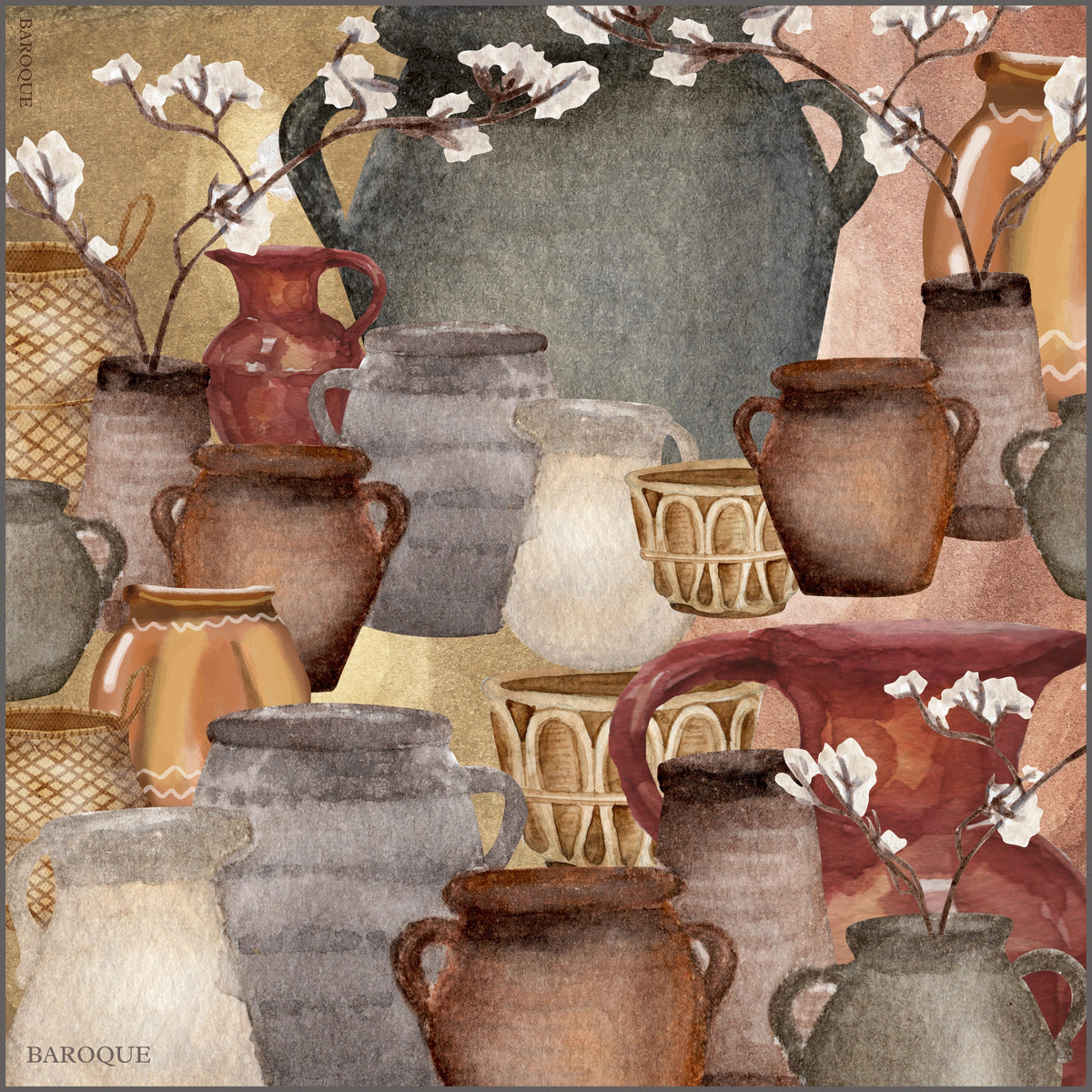 You Urned It silk scarf: urns, jugs and vases in terracotta and stone with sprigs of white blossom