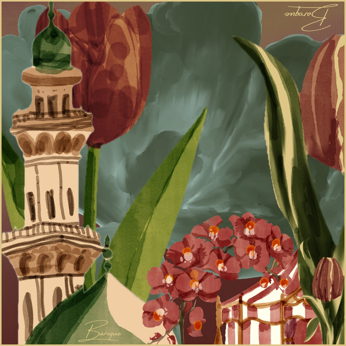 Church Bells silk scarf: a pale tower between red tulips and orchids against a soft sage sky