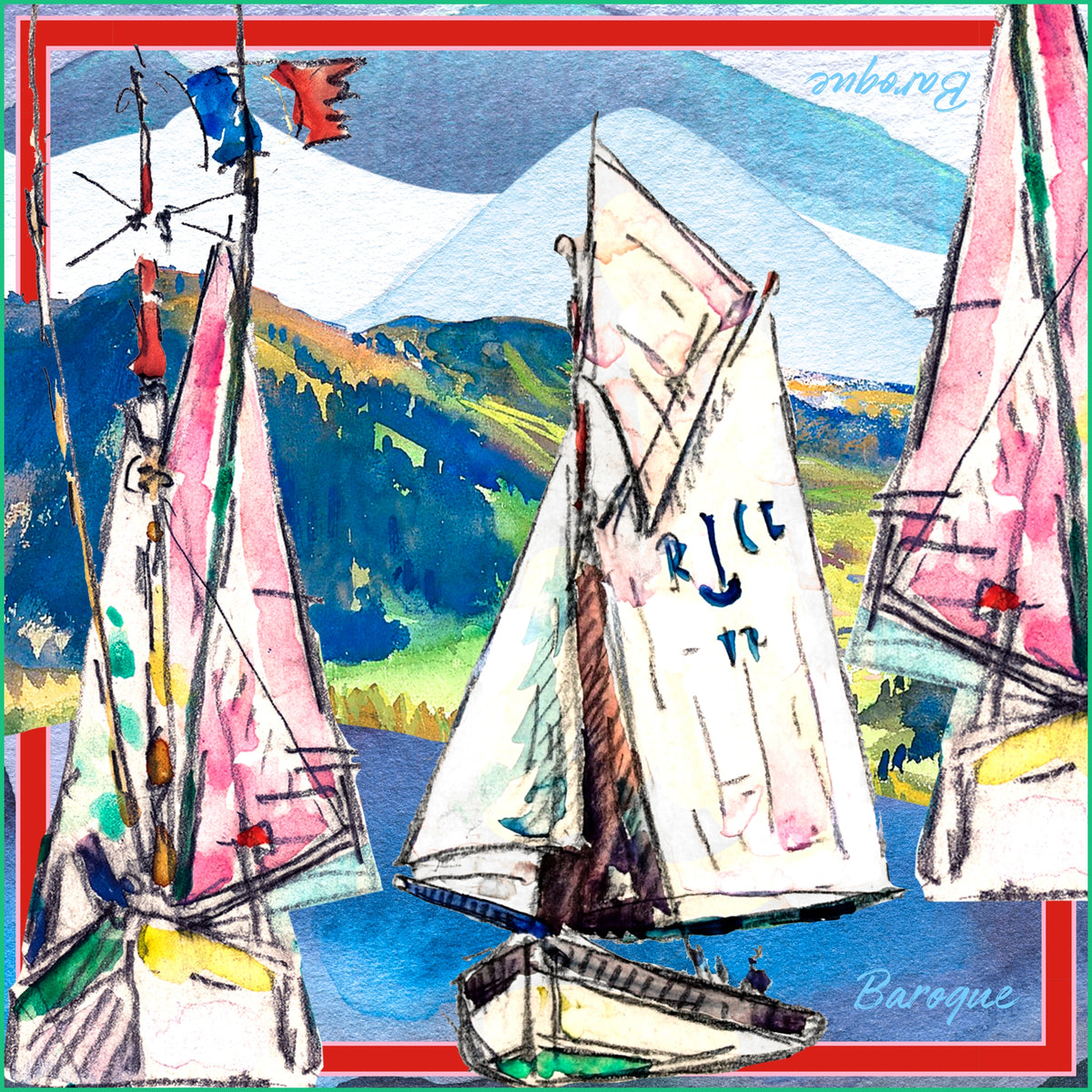 Vendee Globe silk scarf: sailing boats with pink and white sails racing beneath snowy mountains, with a red border
