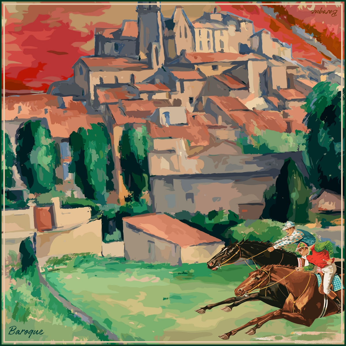 City Circuit silk scarf: two racehorses with jockeys galloping past a hilltop town of terracotta roofs