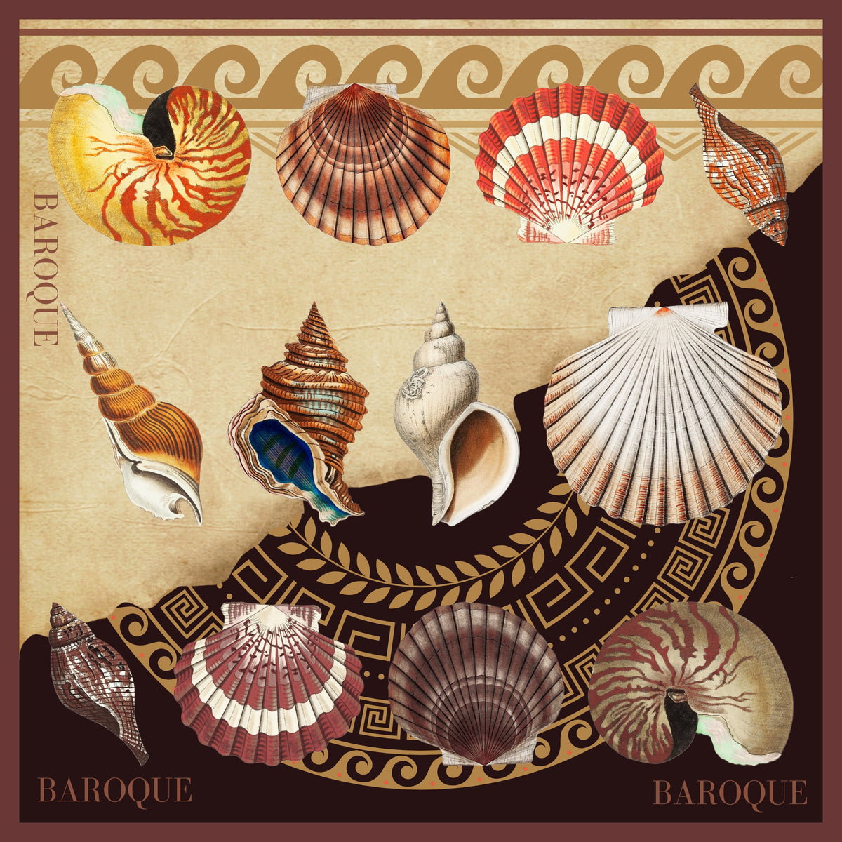 Shall We? silk scarf: scallops, conches and a nautilus shell arranged along a Greek key border on cream and deep burgundy