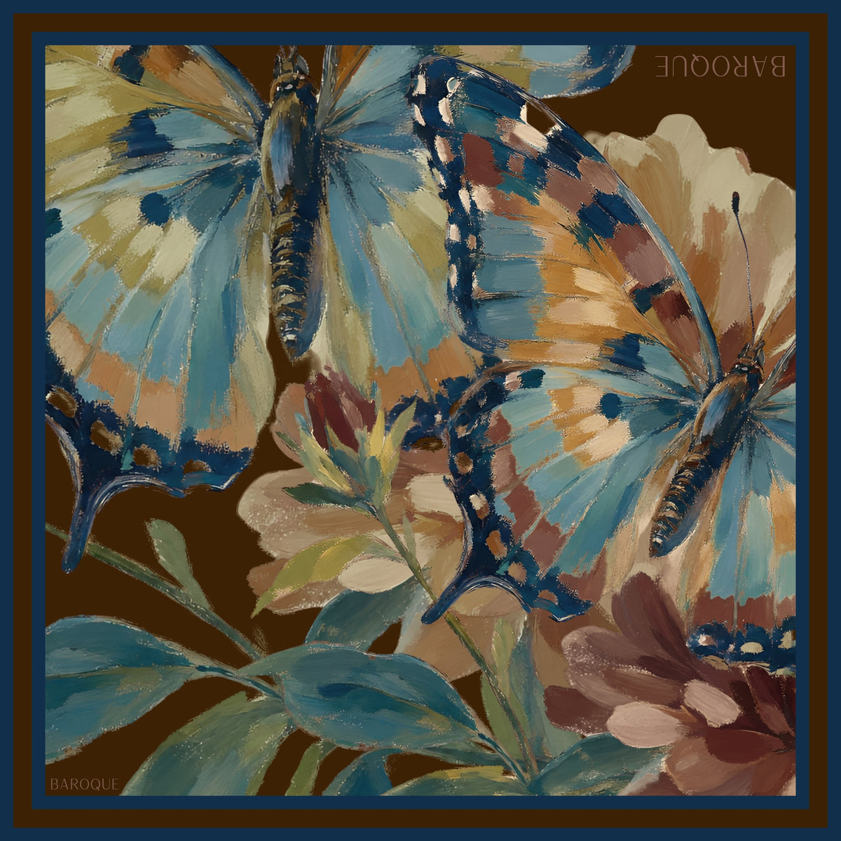 Winging It silk scarf: two powder blue and peach butterflies among dusky flowers on rich brown