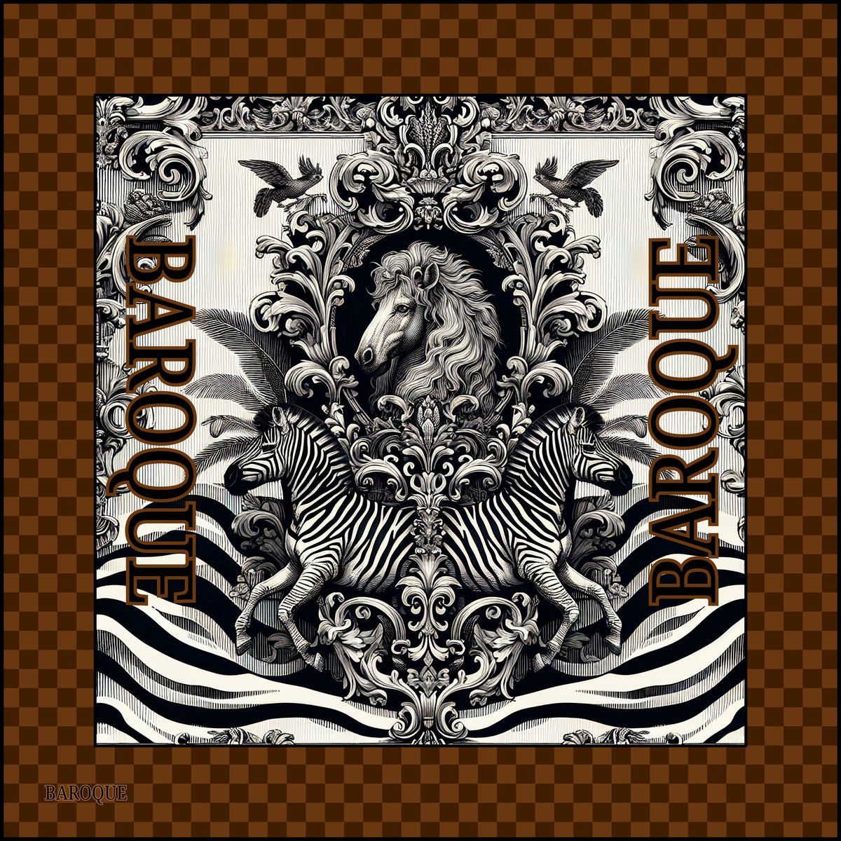 Louis Baroque silk scarf: a white horse in an engraved frame of scrolls and palms with two zebras below, inside a brown checkerboard border