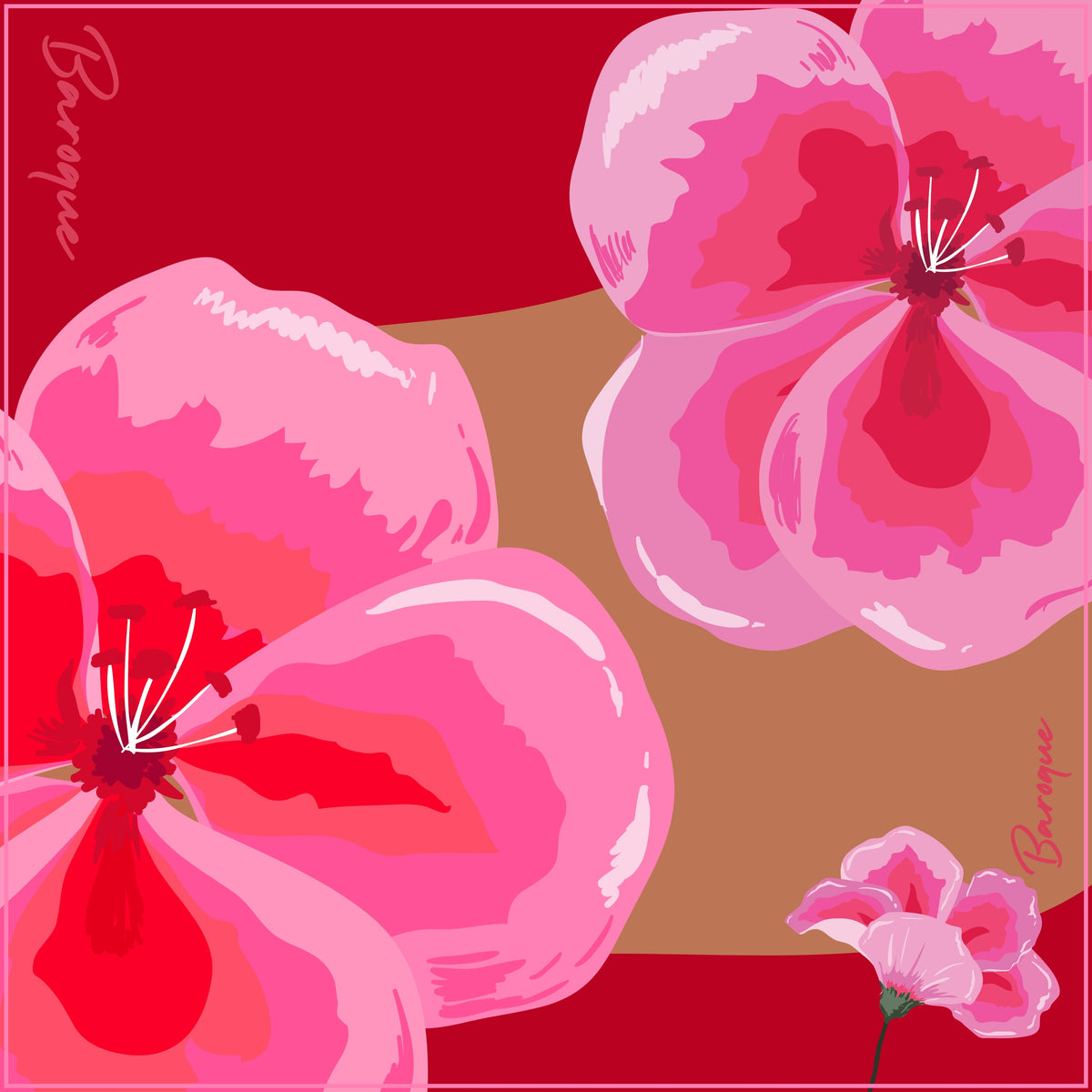 Crimson Class silk scarf: large pink and red geranium flowers on crimson and tan