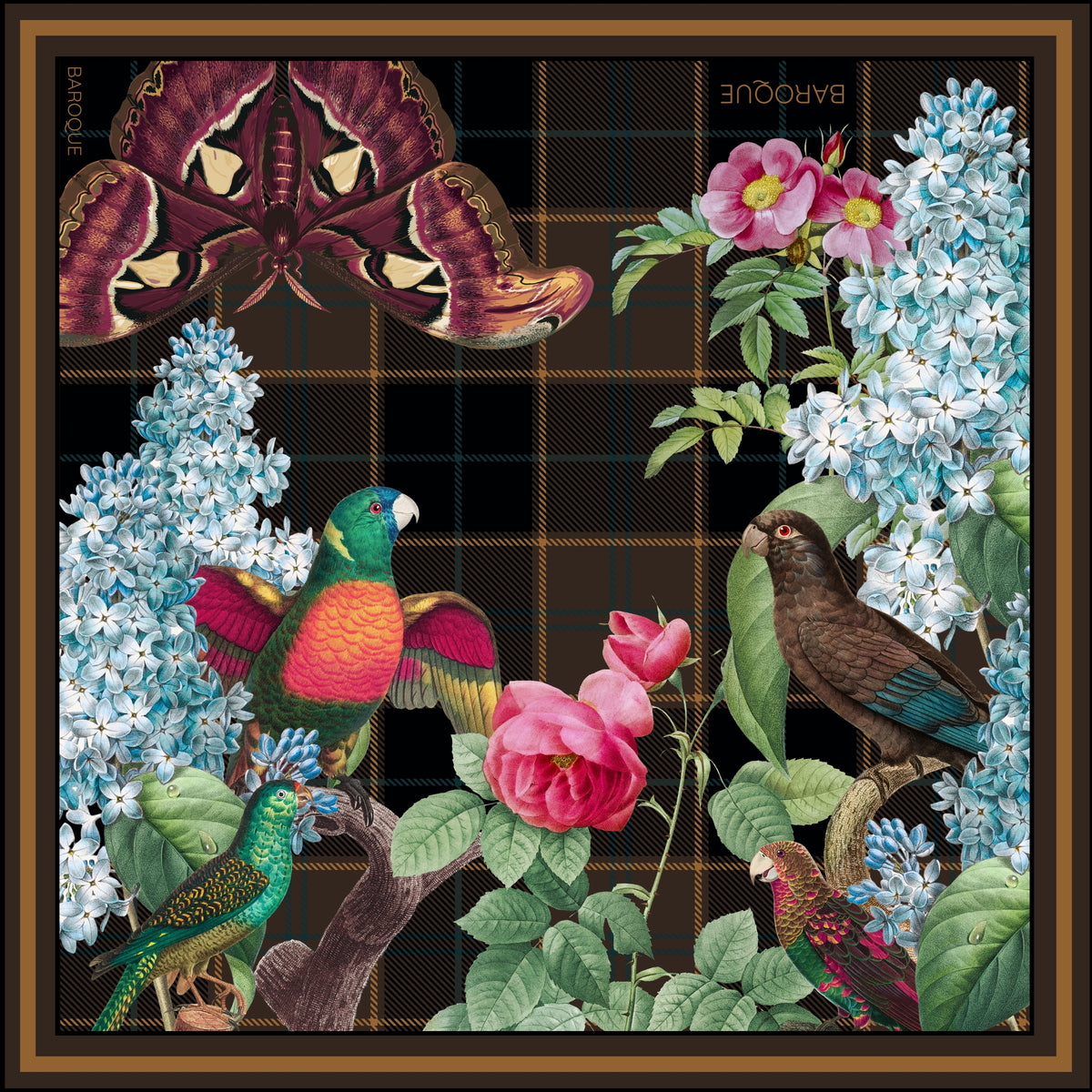 Perfectly Parrot silk scarf: parrots among roses and lilac on a dark tartan ground with a plum moth above