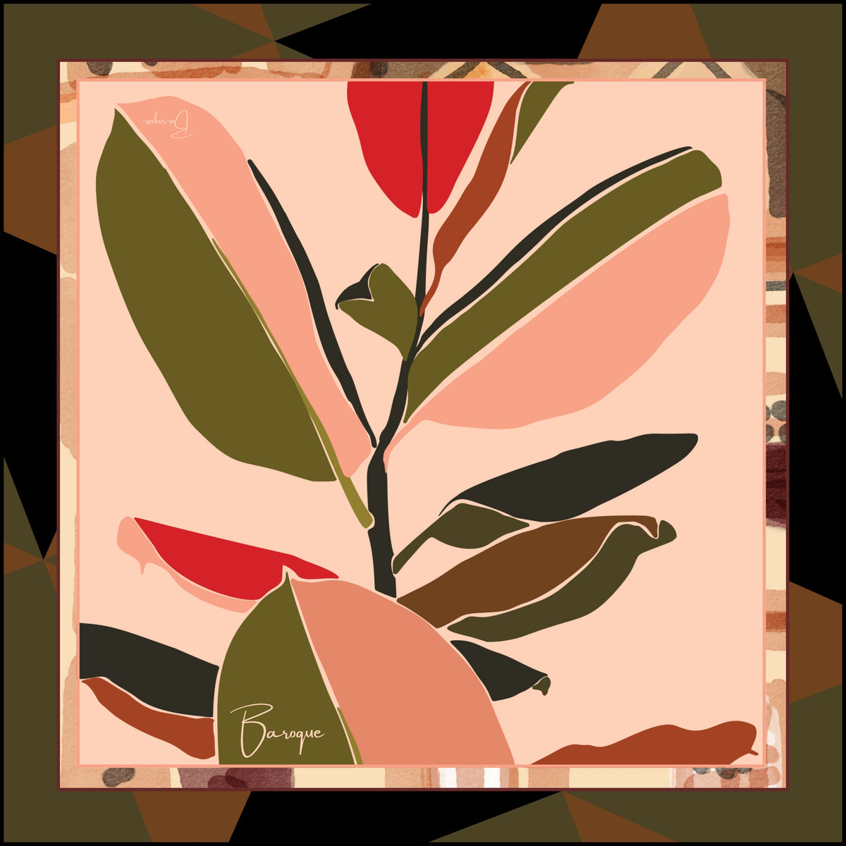 Power Plant silk scarf: a large rubber plant with olive, blush and red leaves on a peach ground, framed in black and olive