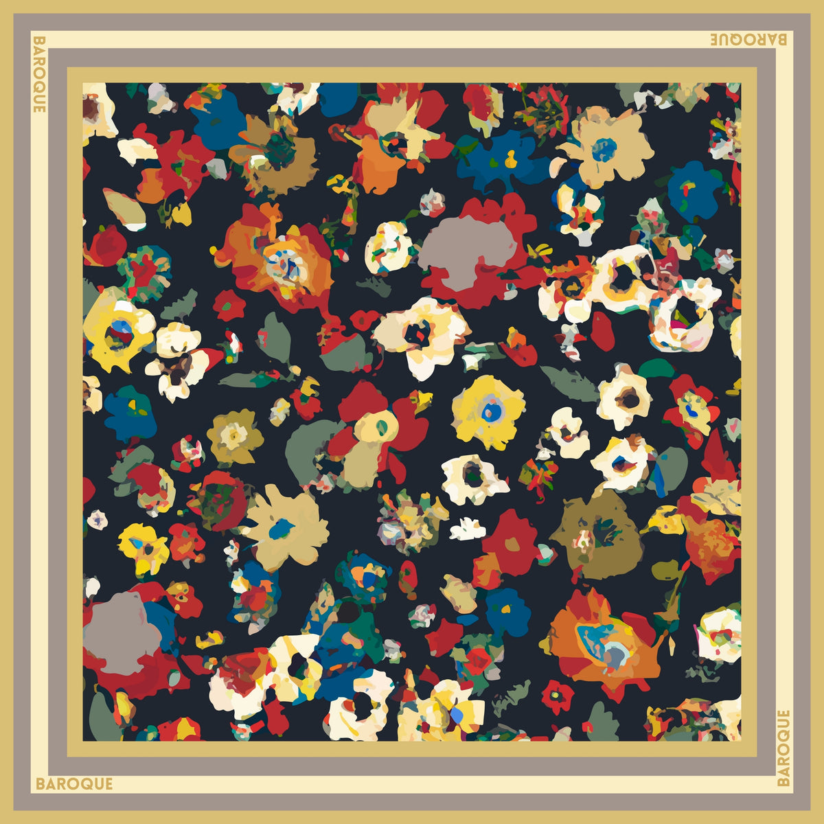 Navy Days silk scarf: small red, gold, cream and blue flowers on navy with a gold border