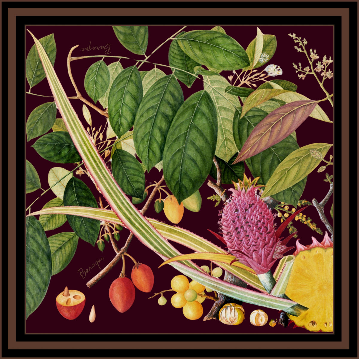 Garden of Goodness silk scarf: pineapple, pawpaw and tropical fruits among large green leaves on a deep plum ground