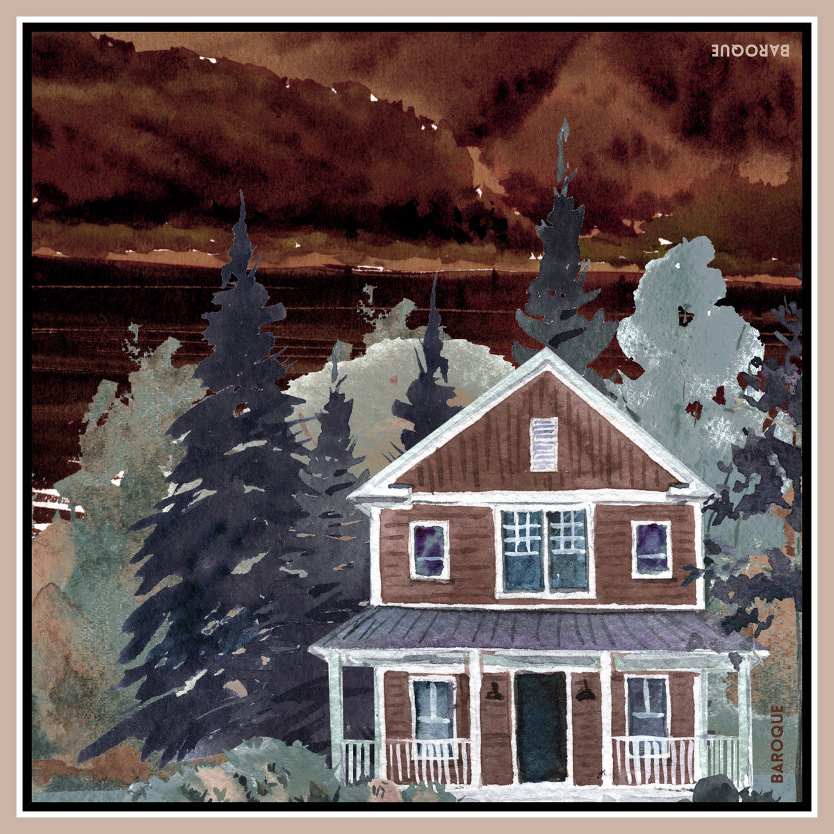 Calm Cottage silk scarf: a timber house among dark pine trees beneath a rust coloured sky