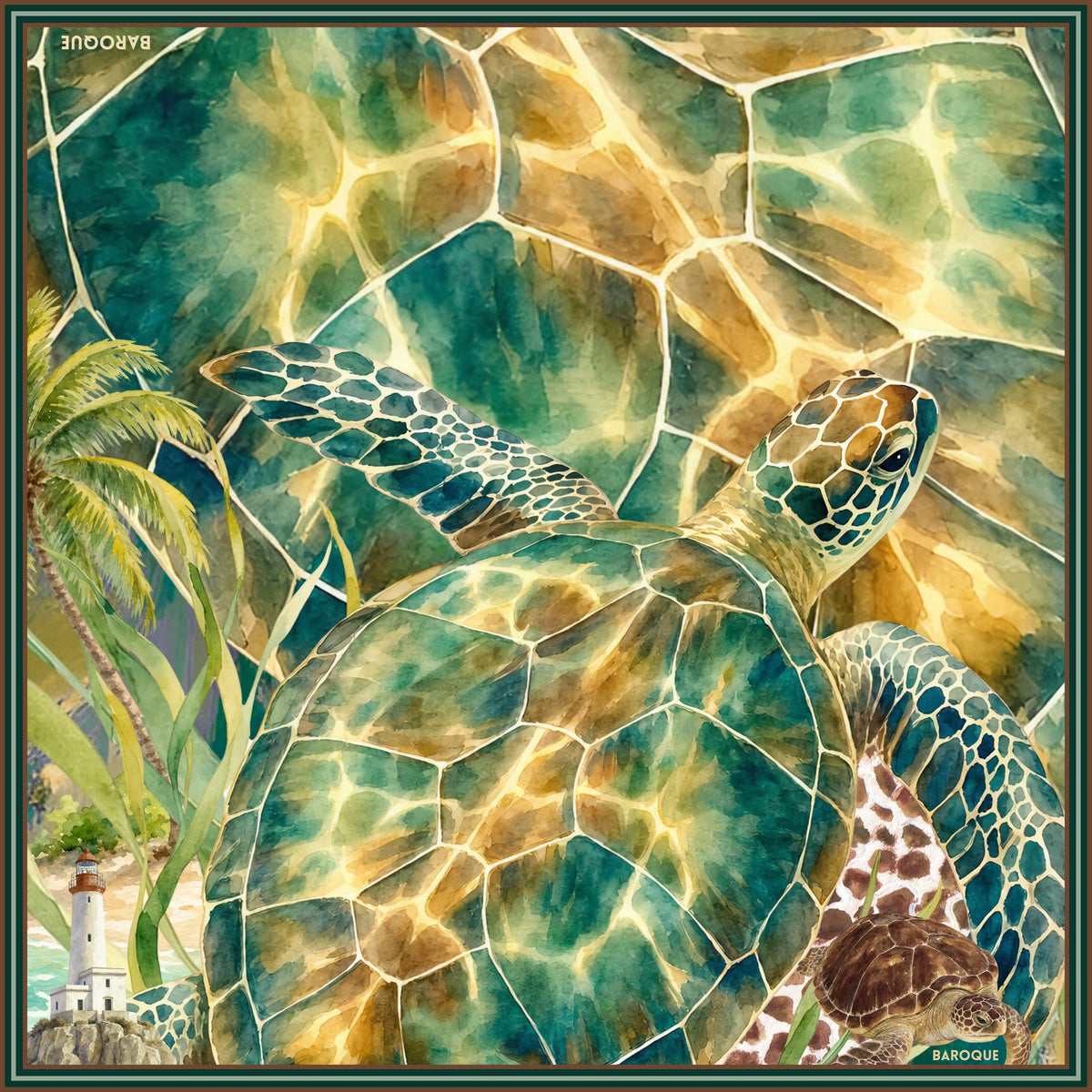 Turtle Tale silk scarf: a sea turtle swimming through green and gold water with palms and a lighthouse on the shore