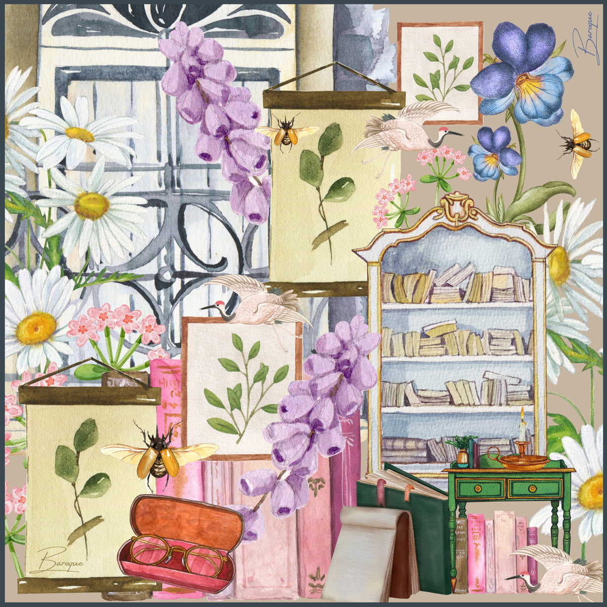 Lilac Librarian silk scarf: daisies and wisteria climbing library shelves with bees among the books