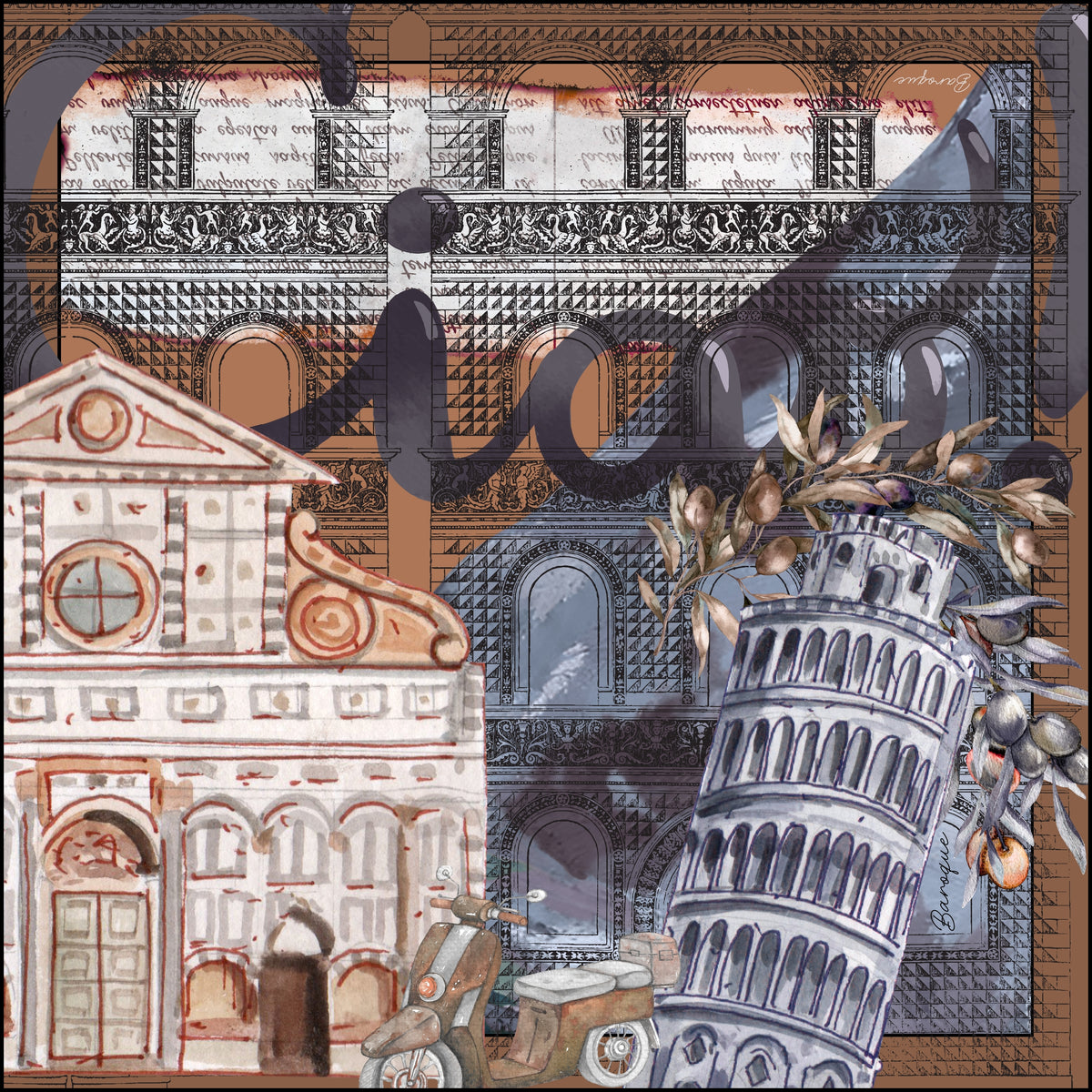 Ciao Sicily silk scarf: Italian landmarks, a leaning tower and a scooter layered in stone and slate with the word Ciao