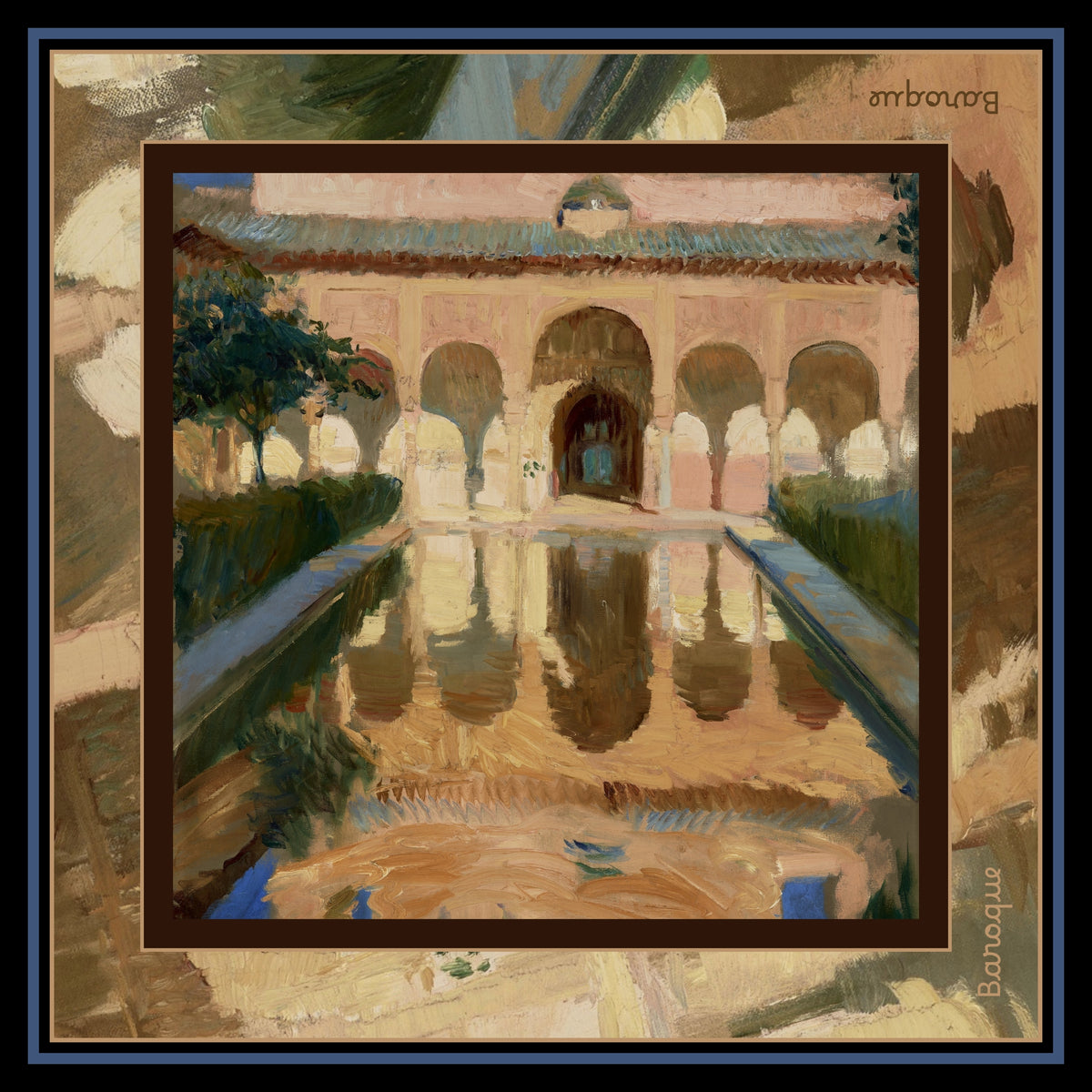 Beautiful Bath silk scarf: golden Moorish arches reflected in a long garden pool, framed in brown and navy