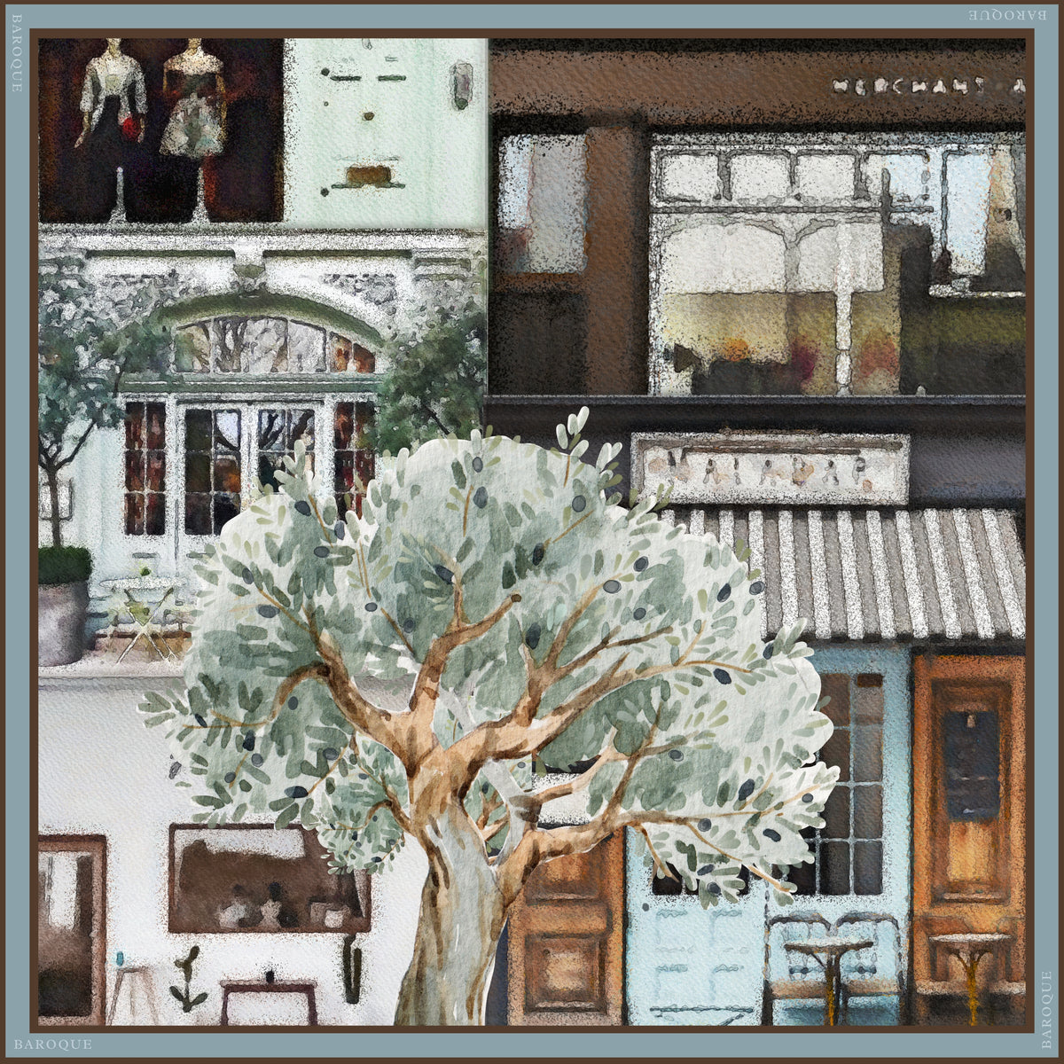 Coffee Spree silk scarf: an olive tree in front of a row of small shops and cafes, framed in grey blue