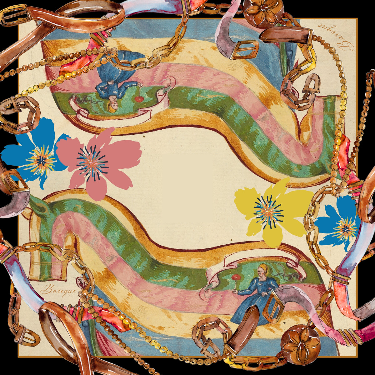 Carnival Horse silk scarf: pink and green ribbons, chains, buckles and bright flowers winding across cream on black