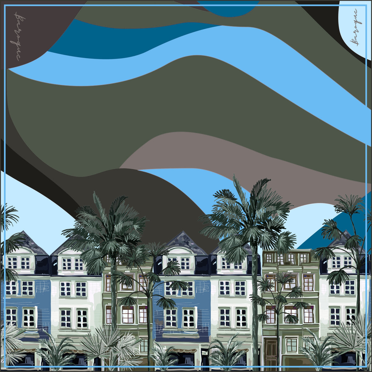 Tidal Town silk scarf: a row of tall terraced houses beneath palm trees with waves of blue, slate and stone across the sky