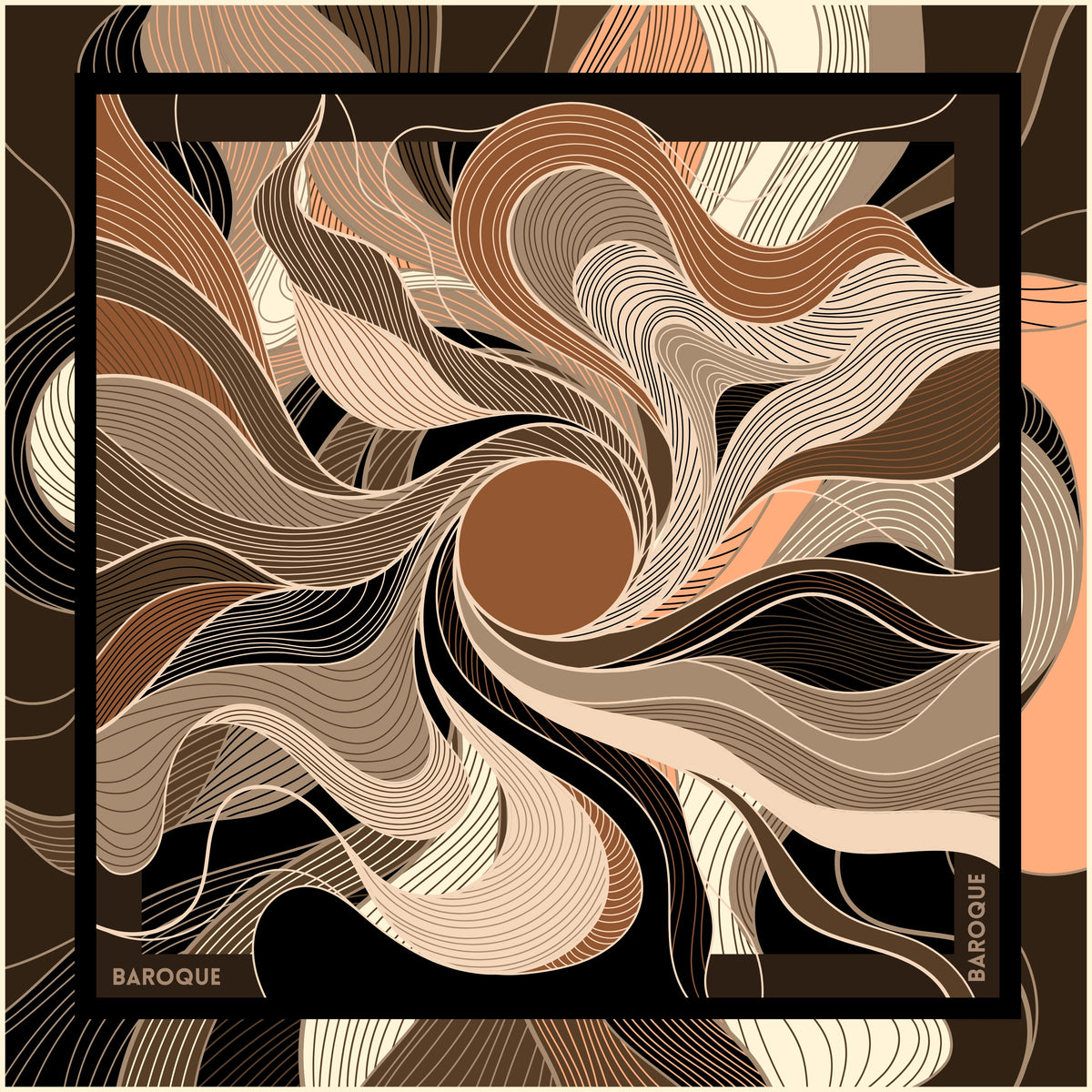 Chocolate Cheesecake silk scarf: long swirling curves of brown, cream and peach