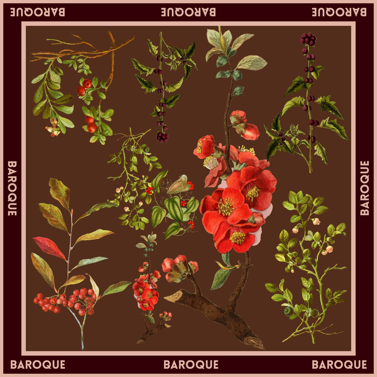 Berry Brown silk scarf: red quince flowers and sprigs of berries and leaves on rich brown