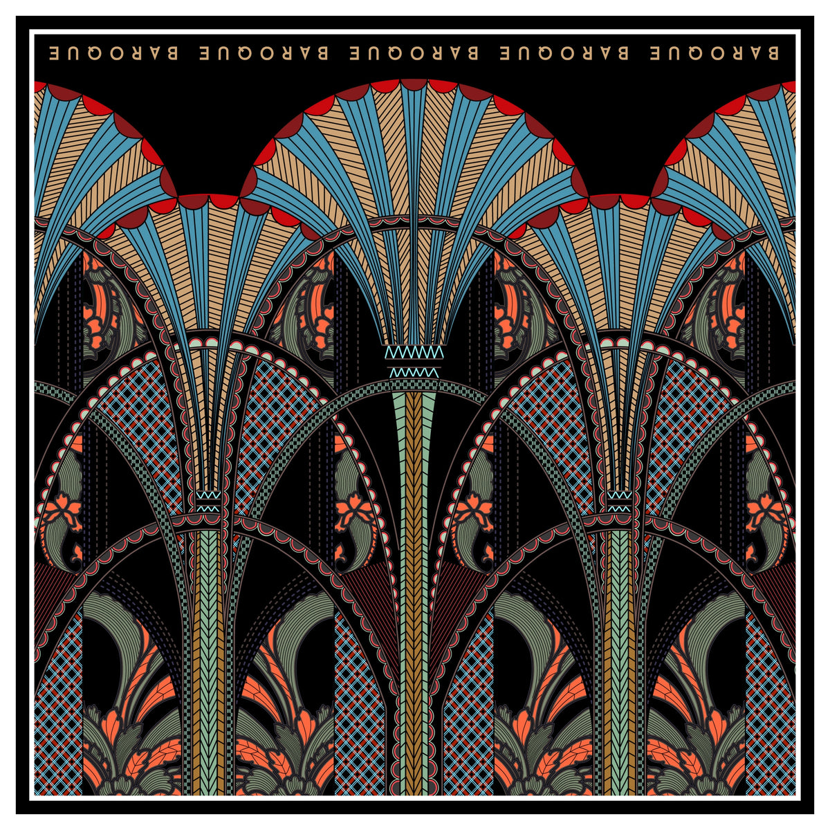 1920s Number silk scarf: art deco fans in teal and crimson rising in arches across black