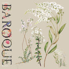 Easy Breezy silk scarf: white wildflower sprigs on soft taupe beside the word BAROQUE wrapped in tiny flowers