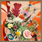 You Can Toucan silk scarf: a toucan beside a bouquet of peonies, cockscomb and wildflowers on bright orange