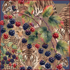 Raspberry Thief silk scarf: tigers and a leopard among brambles of blackberries and raspberries on tan with a navy border