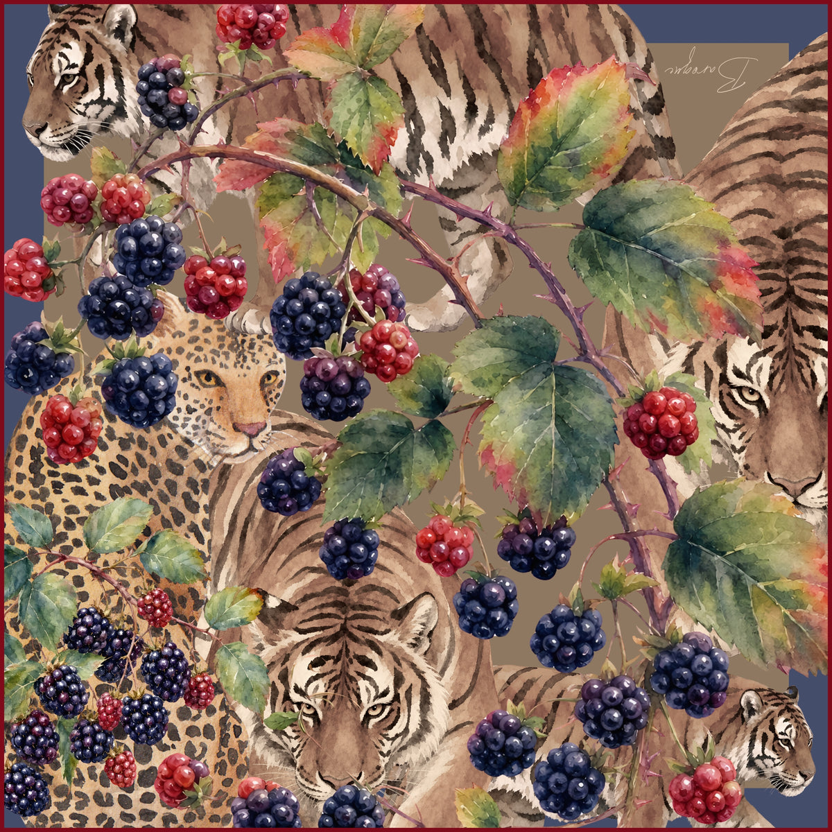 Raspberry Thief silk scarf: tigers and a leopard among brambles of blackberries and raspberries on tan with a navy border