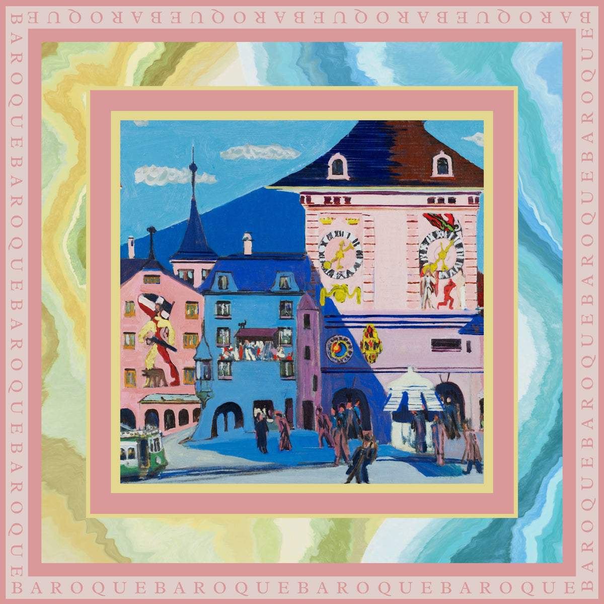 Town Hall silk scarf: a clock tower over a busy town square, framed by a border of soft pastel waves