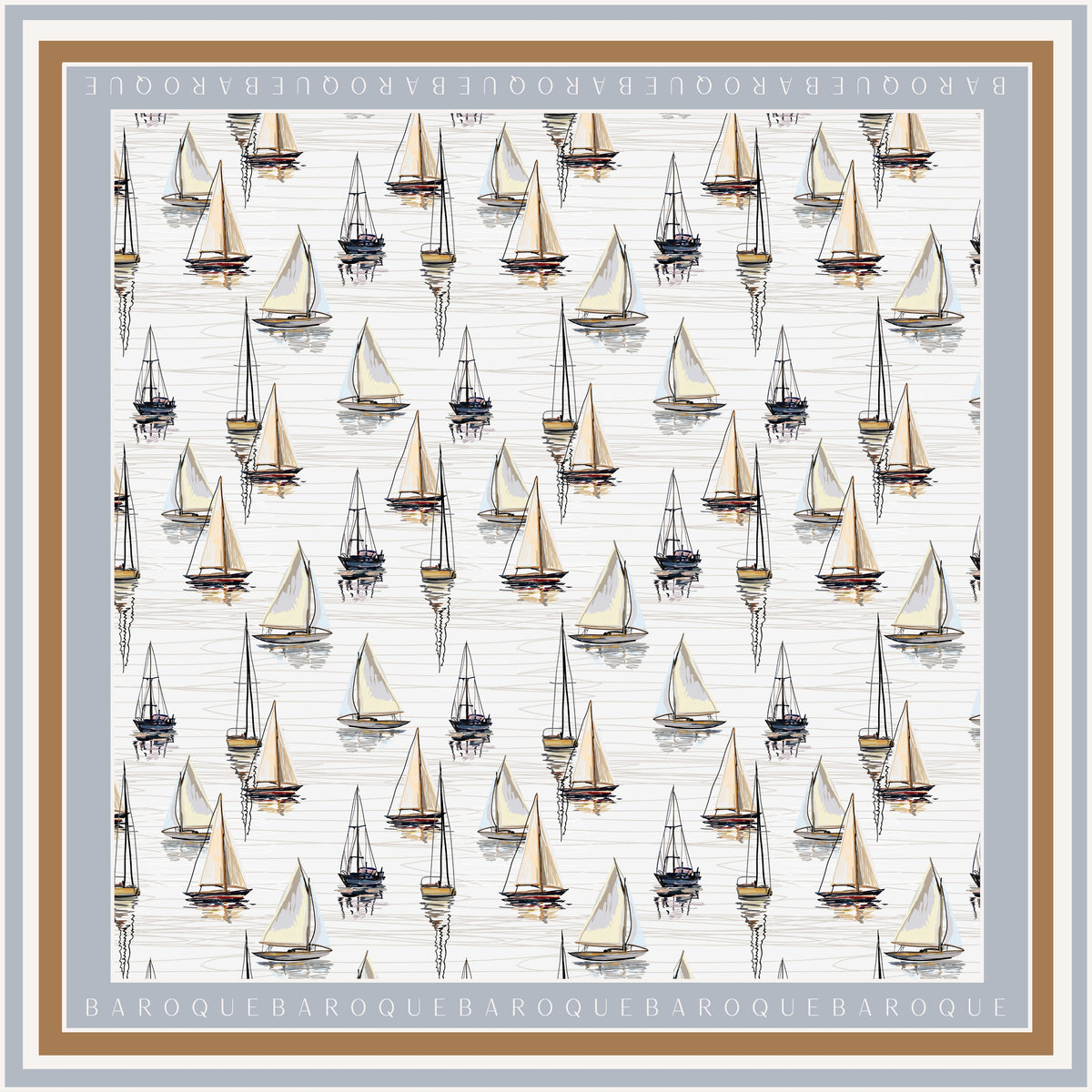 Sail Day silk scarf: rows of small sailboats in cream and navy on white with a BAROQUE lettered border