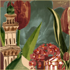 Church Bells silk scarf: a pale tower between red tulips and orchids against a soft sage sky