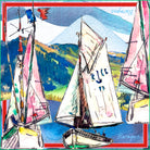 Vendee Globe silk scarf: sailing boats with pink and white sails racing beneath snowy mountains, with a red border