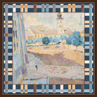 Painted in Pastel silk scarf: a church tower above a sunny pastel town square, framed in a navy and peach plaid border