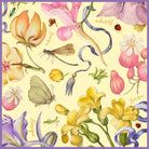 Deconstructed Garden silk scarf: lilies, irises and tulips with a dragonfly and butterfly scattered on butter yellow, with a lilac border