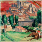 City Circuit silk scarf: two racehorses with jockeys galloping past a hilltop town of terracotta roofs