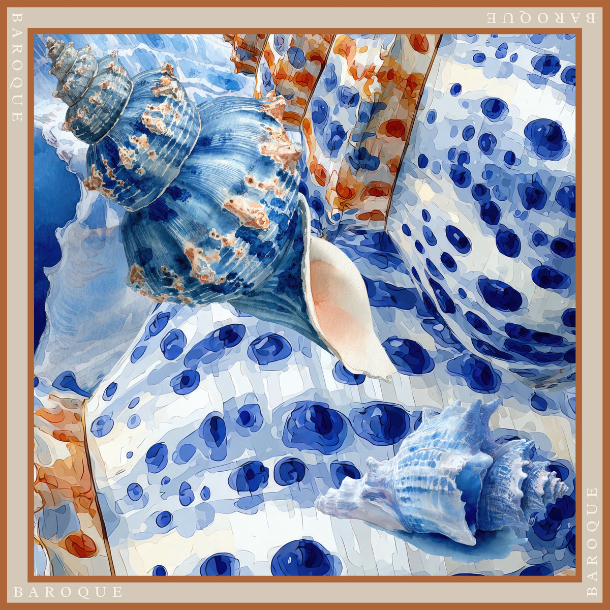 My Collection silk scarf: conch shells spotted in cobalt blue resting on a cloth of the same spotted pattern