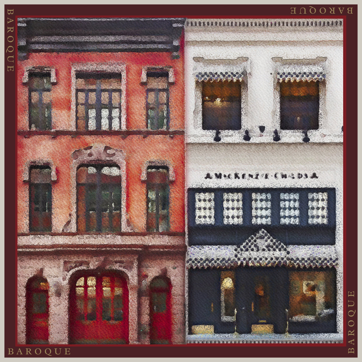 Shopping Spree silk scarf: two shopfronts side by side in red brick and white stone