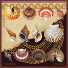 Shall We? silk scarf: scallops, conches and a nautilus shell arranged along a Greek key border on cream and deep burgundy