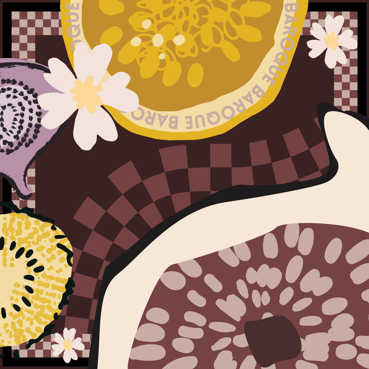 Frightfully Fig silk scarf: a halved fig on a checkerboard with lemon slices and white daisies