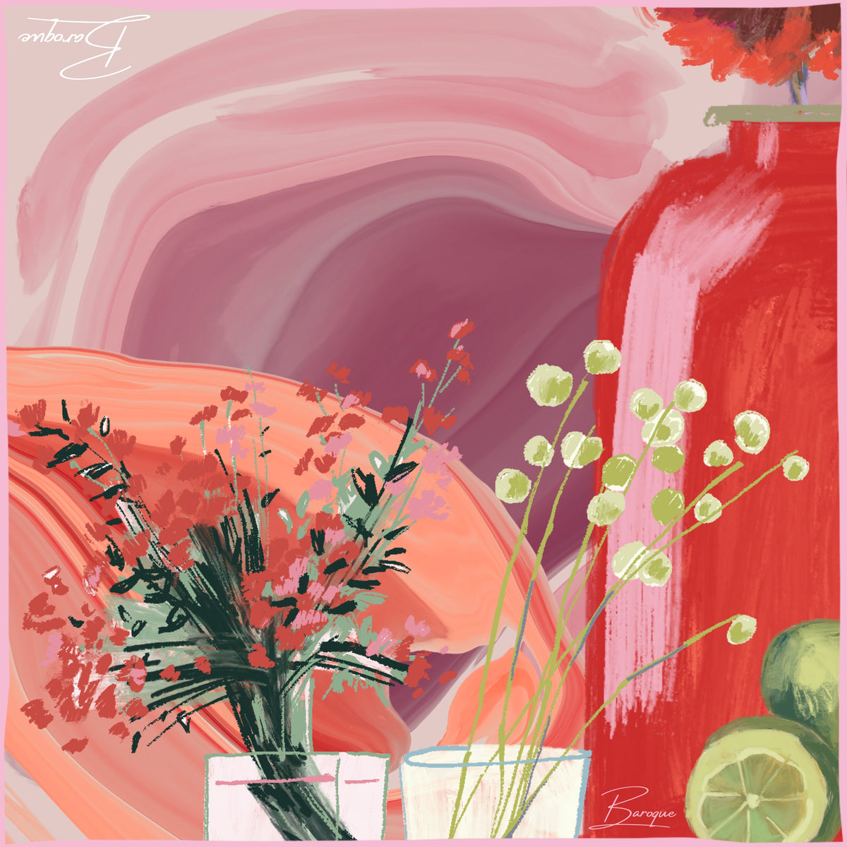 Zesty Setting silk scarf: a tall red bottle, a jar of wildflowers and two halved limes against swirls of pink