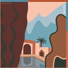 Always Alba silk scarf: a terracotta villa beside a still pool with a palm tree, pale blue hills and wavy brown panels