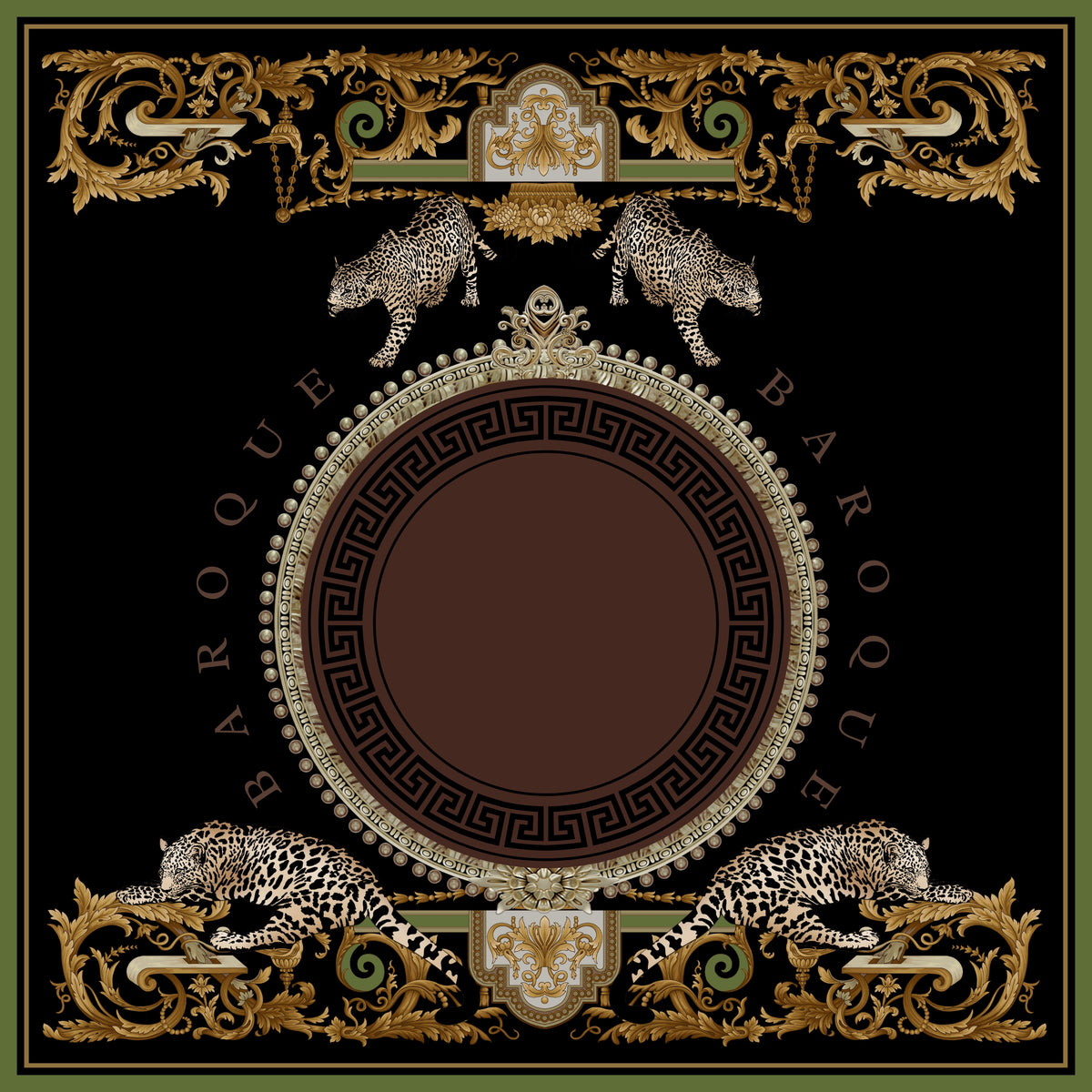 Cavallis Capture silk scarf: four leopards among gold scrollwork around a Greek key medallion on black