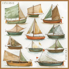Water Wanderers silk scarf: old sailing boats in sage, rust and canvas drifting across white