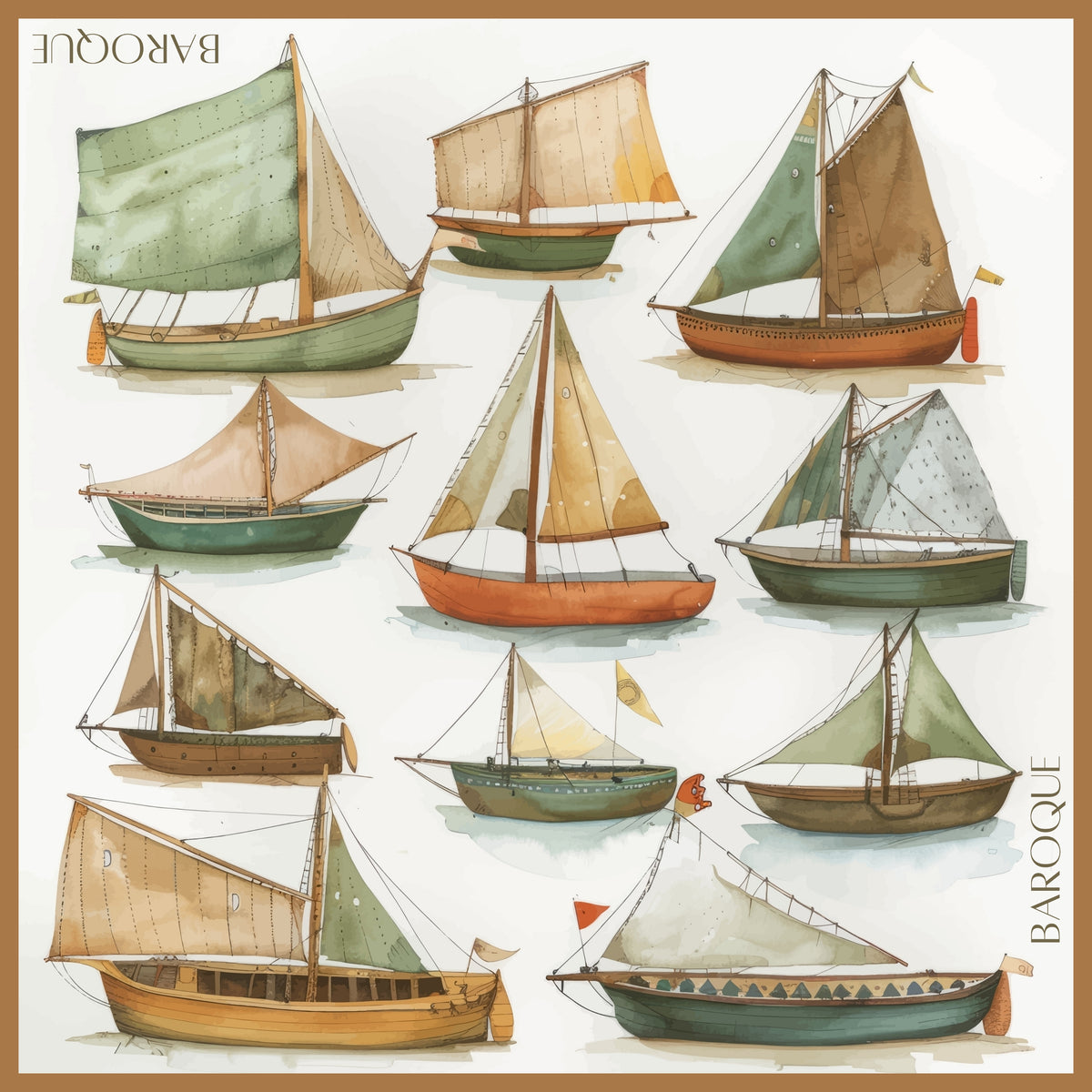 Water Wanderers silk scarf: old sailing boats in sage, rust and canvas drifting across white
