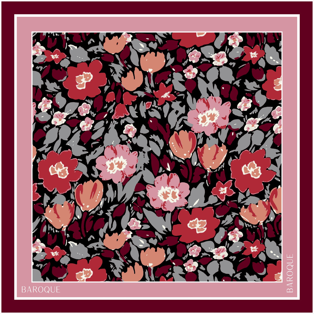 Fearlessly Floral silk scarf: red, rose and blush flowers with grey leaves packed onto a black ground, framed in pink and burgundy