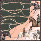 Roped & Rider silk scarf: riders on grey and chestnut horses across a pattern of ropes, buckles and chains on dark green and blush