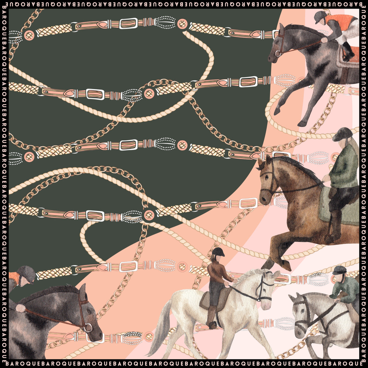 Roped & Rider silk scarf: riders on grey and chestnut horses across a pattern of ropes, buckles and chains on dark green and blush