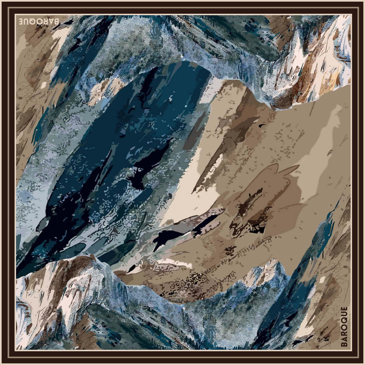 Fountain or Mountain silk scarf: abstract navy, slate and taupe forms like rocky peaks or rushing water, framed in dark brown
