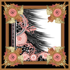 Glamorous Gianni silk scarf: gold and blush crests in each corner with a sweep of black and white feathers through the centre