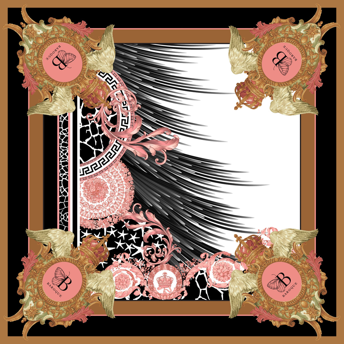 Glamorous Gianni silk scarf: gold and blush crests in each corner with a sweep of black and white feathers through the centre