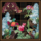 Perfectly Parrot silk scarf: parrots among roses and lilac on a dark tartan ground with a plum moth above